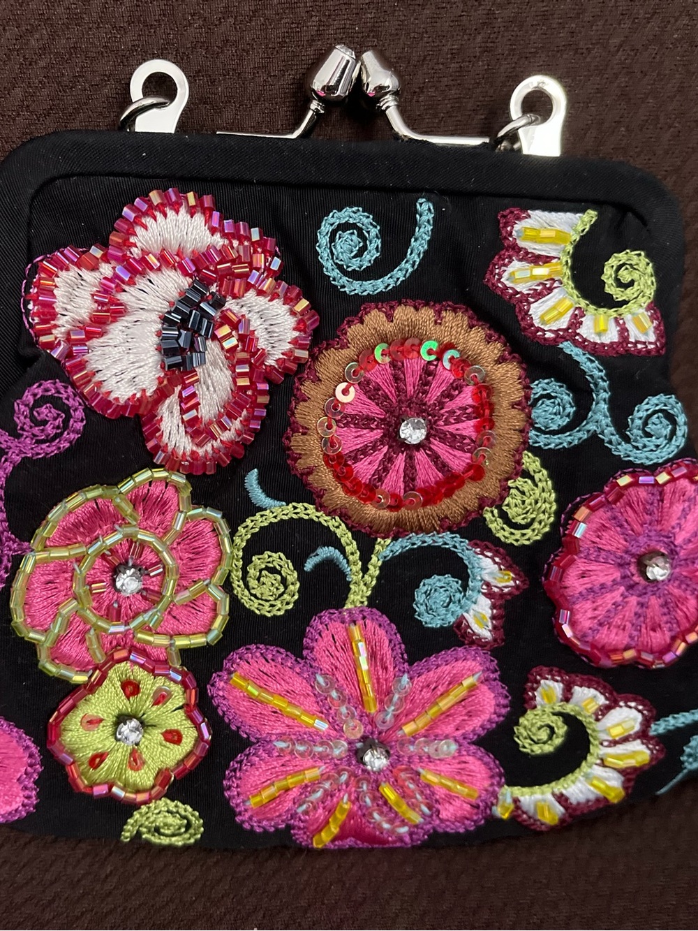 Hand-Embroidered Floral Clasp Wallet - Black with Pink Accents